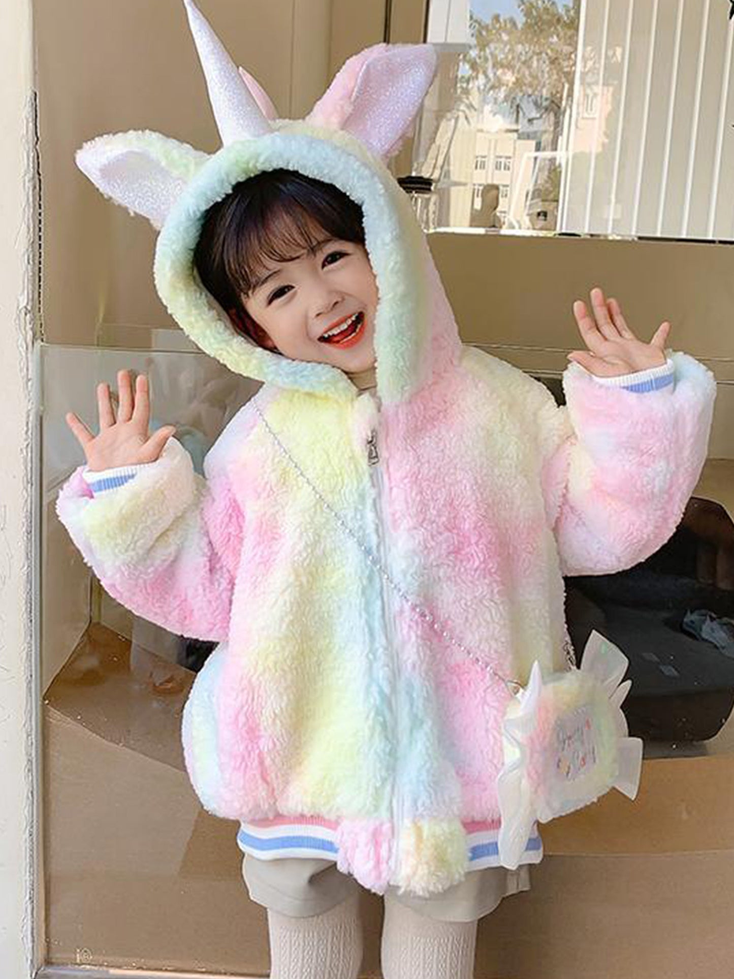 2pcs Girls' Fleece-Lined Thickened Winter Coat & Cartoon Bag Set - Color Block Hooded Jacket with Plush Lining, Zipper Closure, Soft Pastel Pink &, Cozy Casual Outerwear for Fall/Winter, Cute Everyday Outfit for School & Play