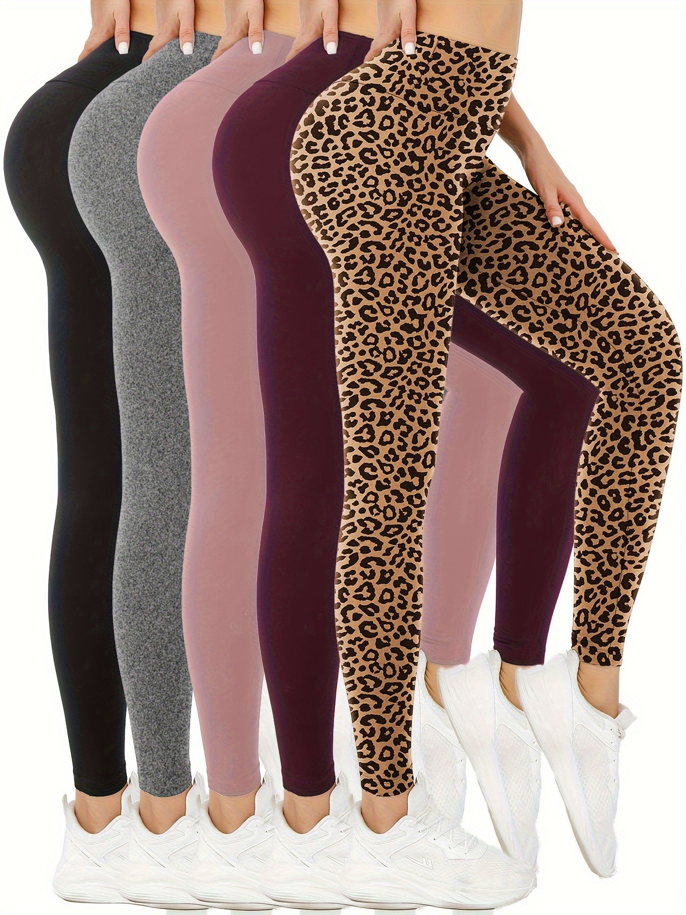5 Pack Women's High Waisted Tummy Control Yoga Leggings - Full Coverage Solid Color Workout Pants, No See-Through, Opaque All-Season Gym Running Pants with Soft Stretch Fabric (5pcs Bulk Pack)