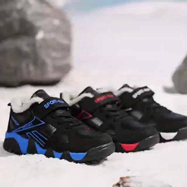 Youngsters' Winter Sports Shoes - Boys & Girls, Low-Top Lace-Up with Closure, Upper & Rubber Sole, Black with Blue Accents, Warm Fleece Lining for Outdoor Activities, Running, Hiking, Casual Wear, Winter Sports Gear | Stylish