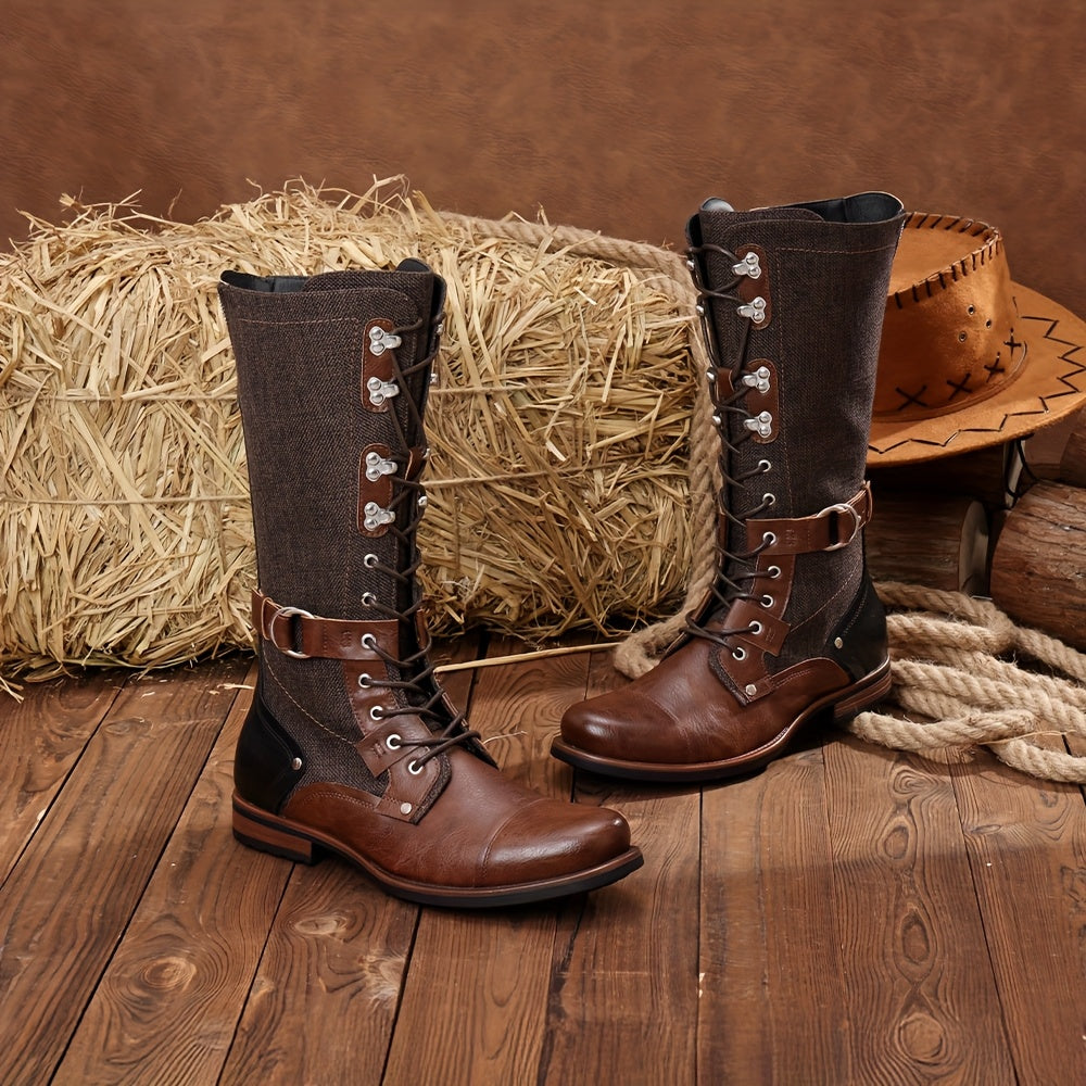 Men's Brown Platform Combat Booties with Lace-Up Front, Side Zip, Adjustable Buckle Straps, and Non-Slip Rubber Sole - Ideal for Motorcycle Riding and Training