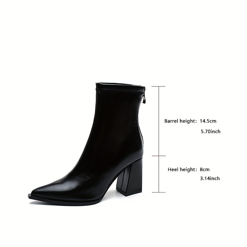 Women'S Elegant Chunky Heel Ankle Boots - Pointed Toe Zipper Closure, Glossy Synthetic Cover Round-to-Pointed Arch Support, Chunky Heel (1-2 Inches) for Fall/Winter, Versatile Dress Boots for Casual & Formal Outfits - Black &