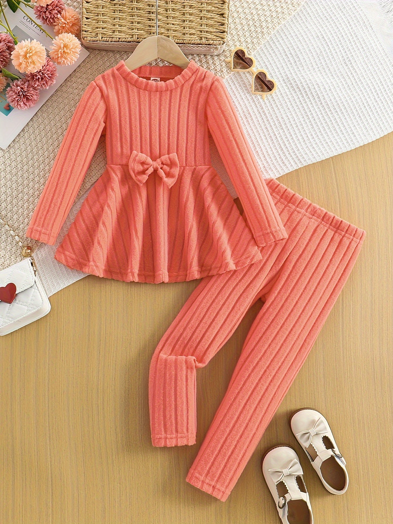 [Chic | Fall/Winter] Cozy Fleece-Lined Girls' Bow-Knot Long Sleeve Dress & Pants Set | Solid Color, Machine Washable | Perfect for Fall/Winter, Perfect for Outdoor