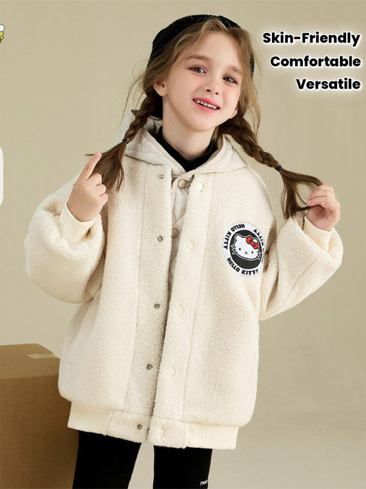 [Officially Licensed] Sanrio for hello kitty Girls' Thickened Warm Fake Two-Piece Jacket Cartoon Warm Winter Thickened Outerwear Comfortable Fabric Soft Skin-Friendly Fake Two-Piece Hooded Design Versatile Perfect Gift for Fa