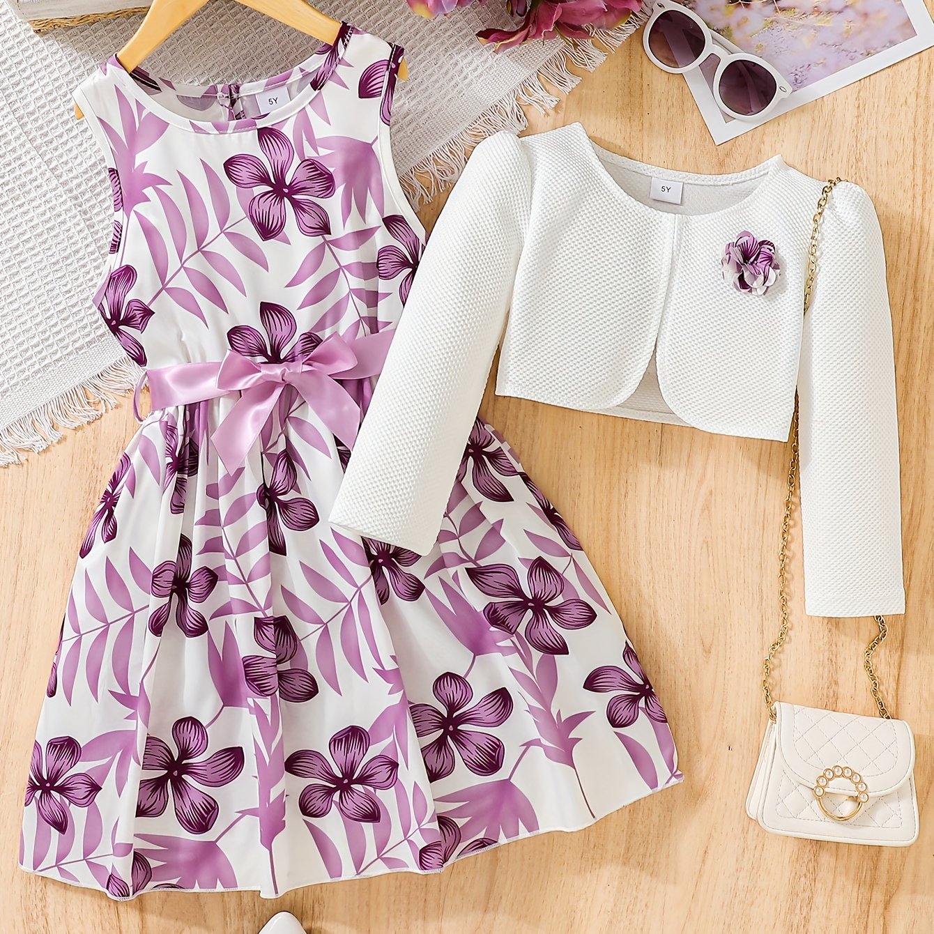 [Cute | Casual] 2pcs Cute Little Girl Butterfly Dresses | Floral Tank Dress And Graphic Cardigan Top Set | for Casual Look, Kids Clothing Gift