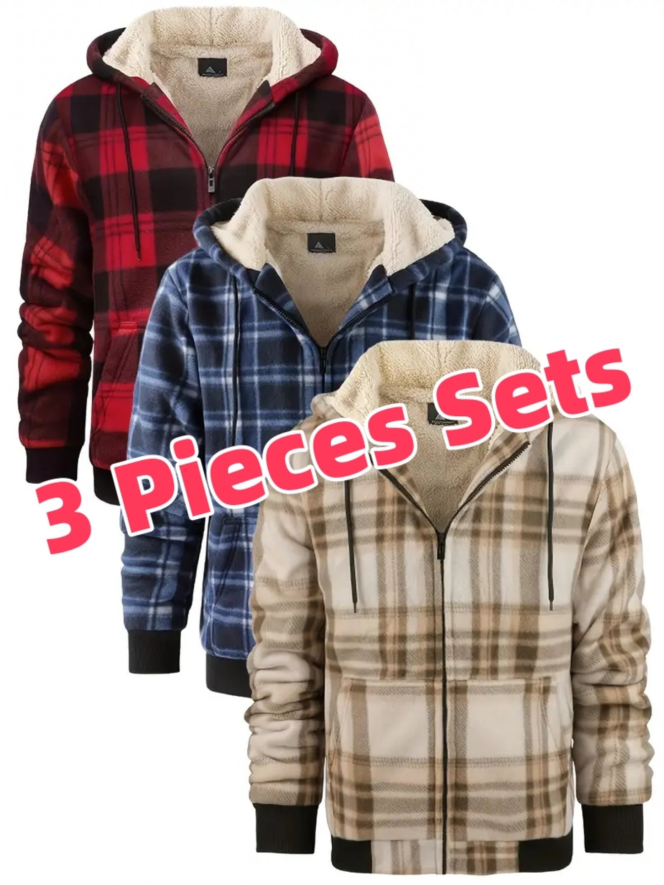 3pcs Sets Flannel Plaid Shirt Jacket for Men Lined Zip Up Hoodies Shirts Jackets, Hoodie, Jacket for Men Plus Size, Hoodies for Women, Plus Size Hoodies for Men, Casual Wear, Seasonal Fashion, Plaid Design, Classic Hoodie, Du