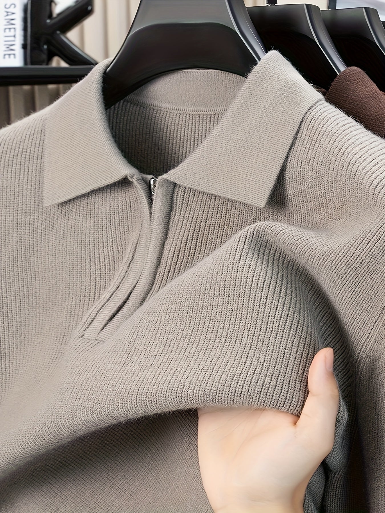 Men'S Heavyweight Thick Sweater - Slim-Fit Long Sleeve Winter Warmth, Square Neck & Drop Shoulder Design, Solid Brown/Red Elegant Knitwear, Durable Half-Zip Front Closure, Casual & Formal Office Wear, High-Stretch Fabric for