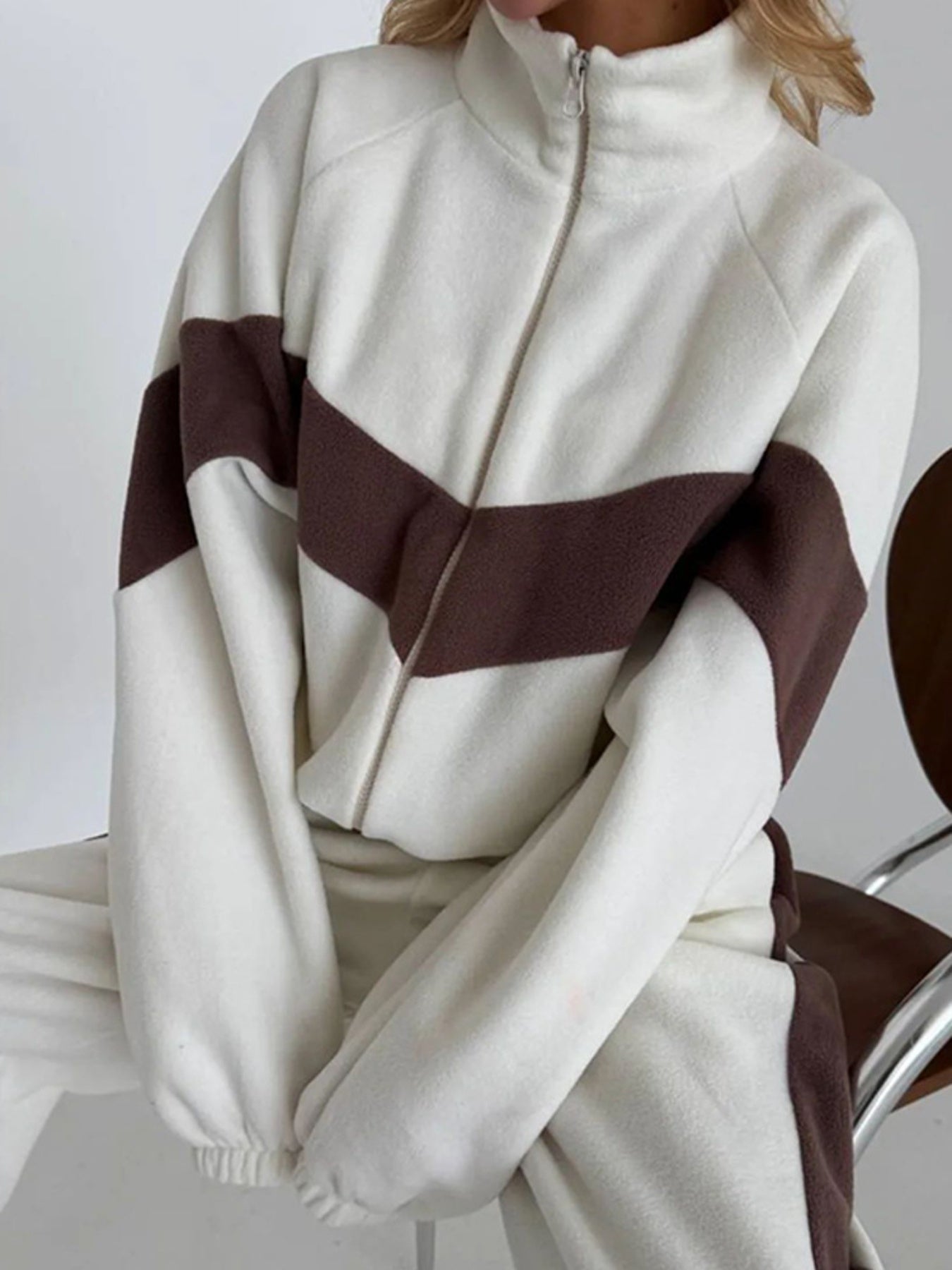 Women'S Casual Sports Suit - Zipper Cardigan & Long Pants Set, Long Sleeve, Color Block Design, Crew Neck, Slight Stretch Fabric, Perfect for Fall/Winter