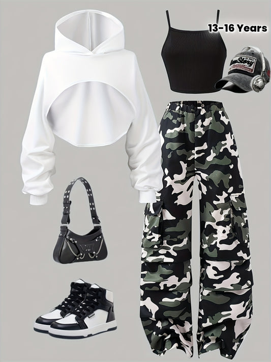 Girls' Autumn/Winter European Retro High Street Camouflage Workwear Pants + Short Hoodie + Vest Top Loose High-Waist Three-Piece Set, for Outdoor, For Teenager