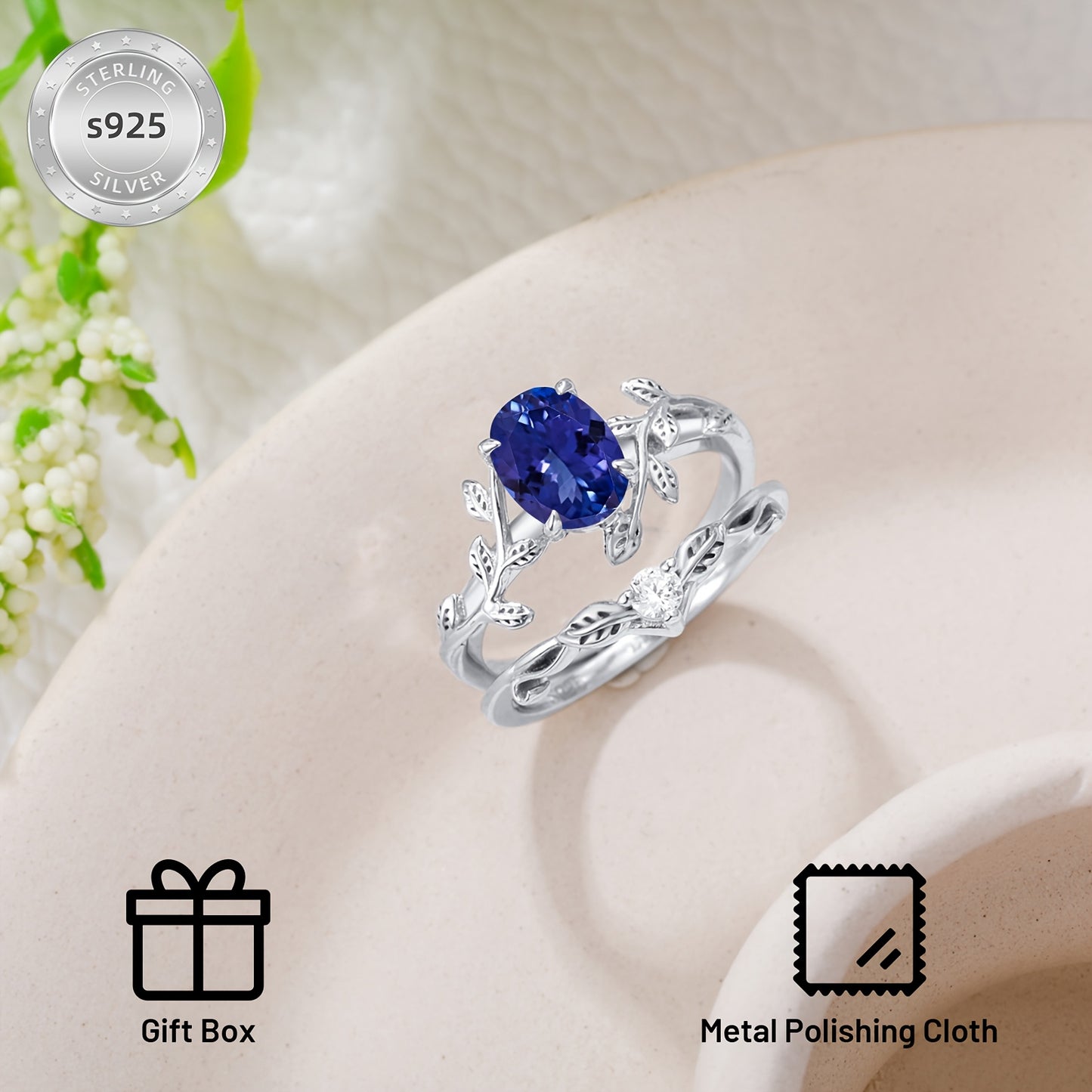 Natural Tanzanite Engagement Rings Set for Women 925 Sterling Silver Oval Shaped Tanzanite Leaf Ring Unique Bridal Wedding Rings