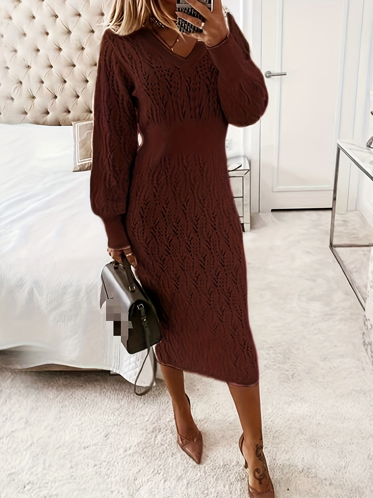 Women'S Elegant V-Neck Dress with Cut-Out Detail - Long Sleeve, Mid-Length, Solid Brown, Perfect for Fall & Winter, Stylish for Shopping or Festive Occasions, Festive Attire | Vneck Dress | Construction, Cute Dresses
