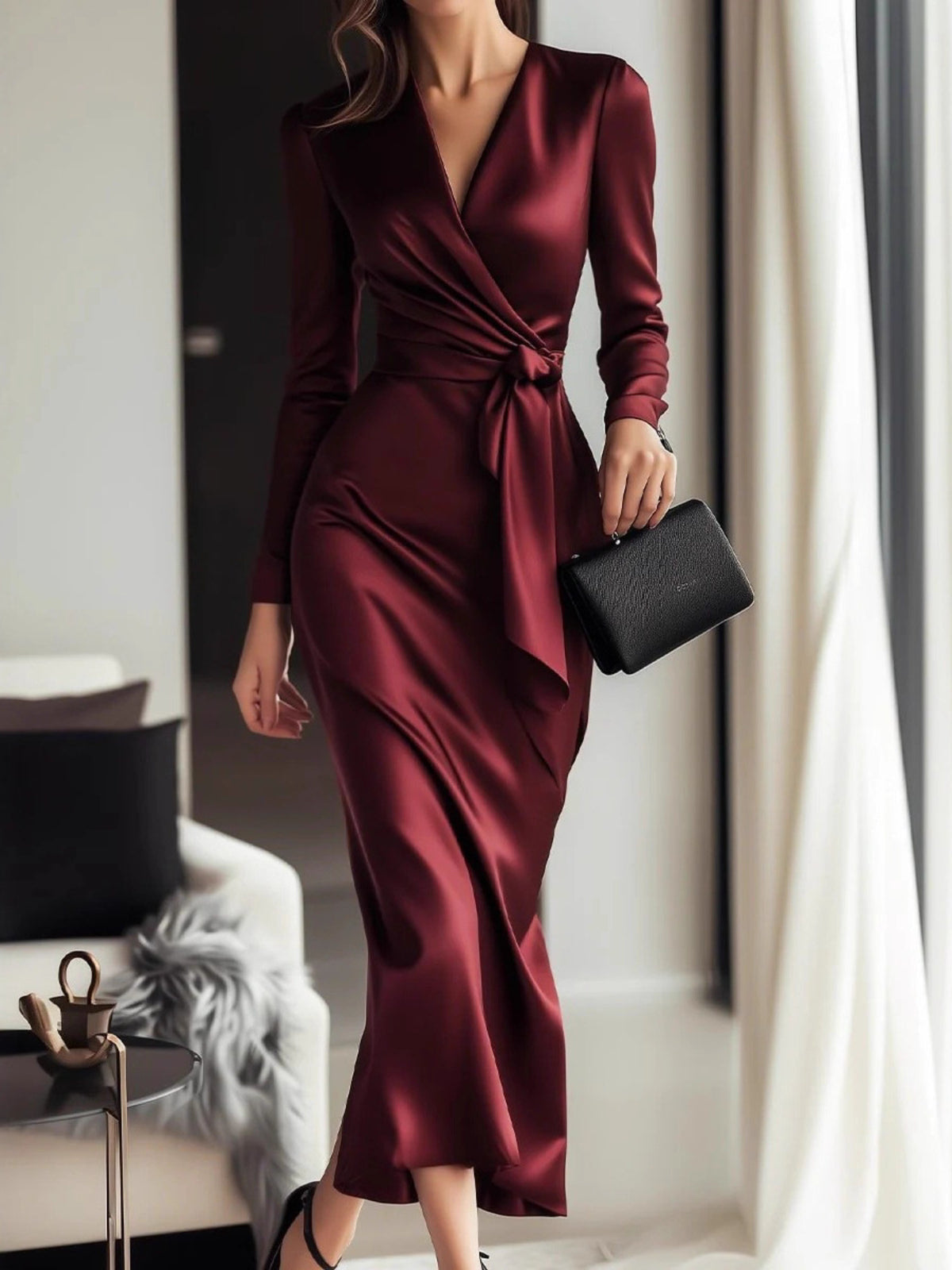 Satin Evening Gown Dress - Deep V-Neck Waist-Cinching Mid-Length Formal Party Wedding Dress, Long Sleeve Fitted gown with , Non- Elegant Prom Night Out Dress