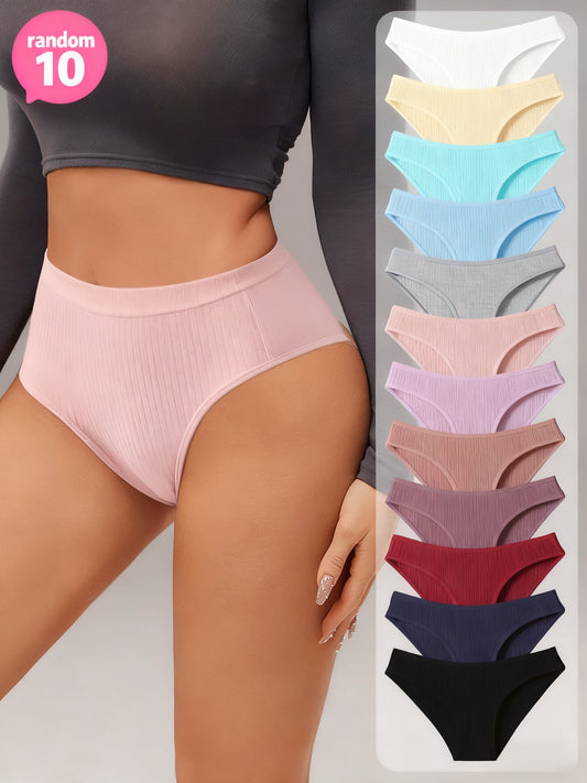 10 Sexy And Simple Solid Color Women'S Underwear, Black+Navy Blue+Purple Red+Dark Purple+Floral Gray+Light Coffee+Denim Blue+Shrimp Pink+Light Purple+Light Green+Flesh