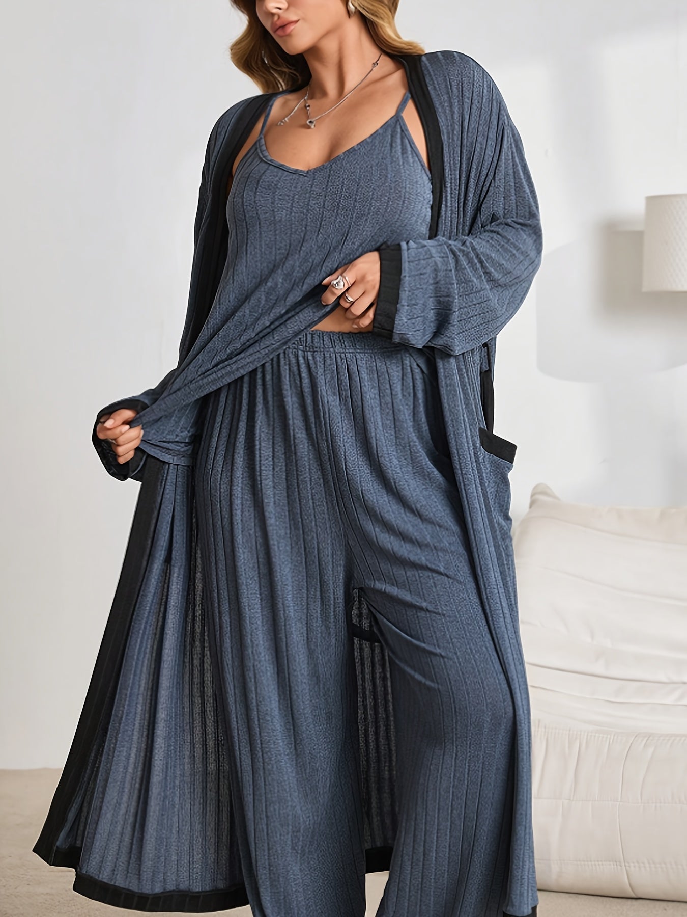 [Three-Piece Loungewear Set] New Autumn And Winter Fashion Warm Solid Color Ribbed Loungewear Set With Sleeveless V-Neck Tank Top + Straight Elastic Waistband Long Pants + Long Sleeve Color-Blocked Cardigan With Side Pockets