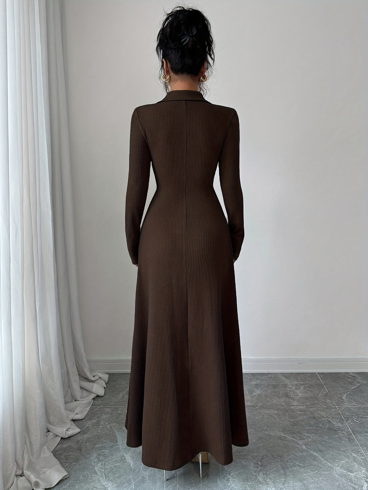 Women'S Elegant A-Line Maxi Dress - Long Sleeve Formal & Everyday Chic Outfit, Button Front Closure, Flattering Fit for Fall/Winter, Office, Party, Fashion Lovers, Stylish Outfit, Quality Stitching, Sophisticated Style, Winte