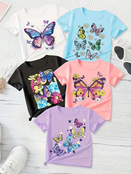 [Girls' Butterfly T-Shirt Set] 5pcs Set of Girls' New Fashionable Round Neck Short Sleeved T-shirt with Interesting Butterfly Pattern Print, Comfortable Polyester Fiber Casual Summer Top