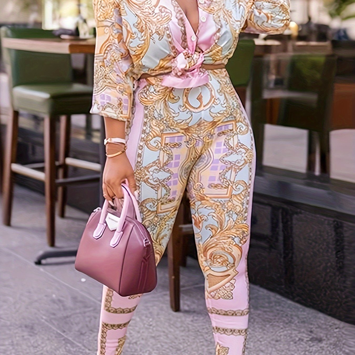 [Plus Size British Print] Plus Size British Print | Two-Piece Pencil Long Sleeve Set