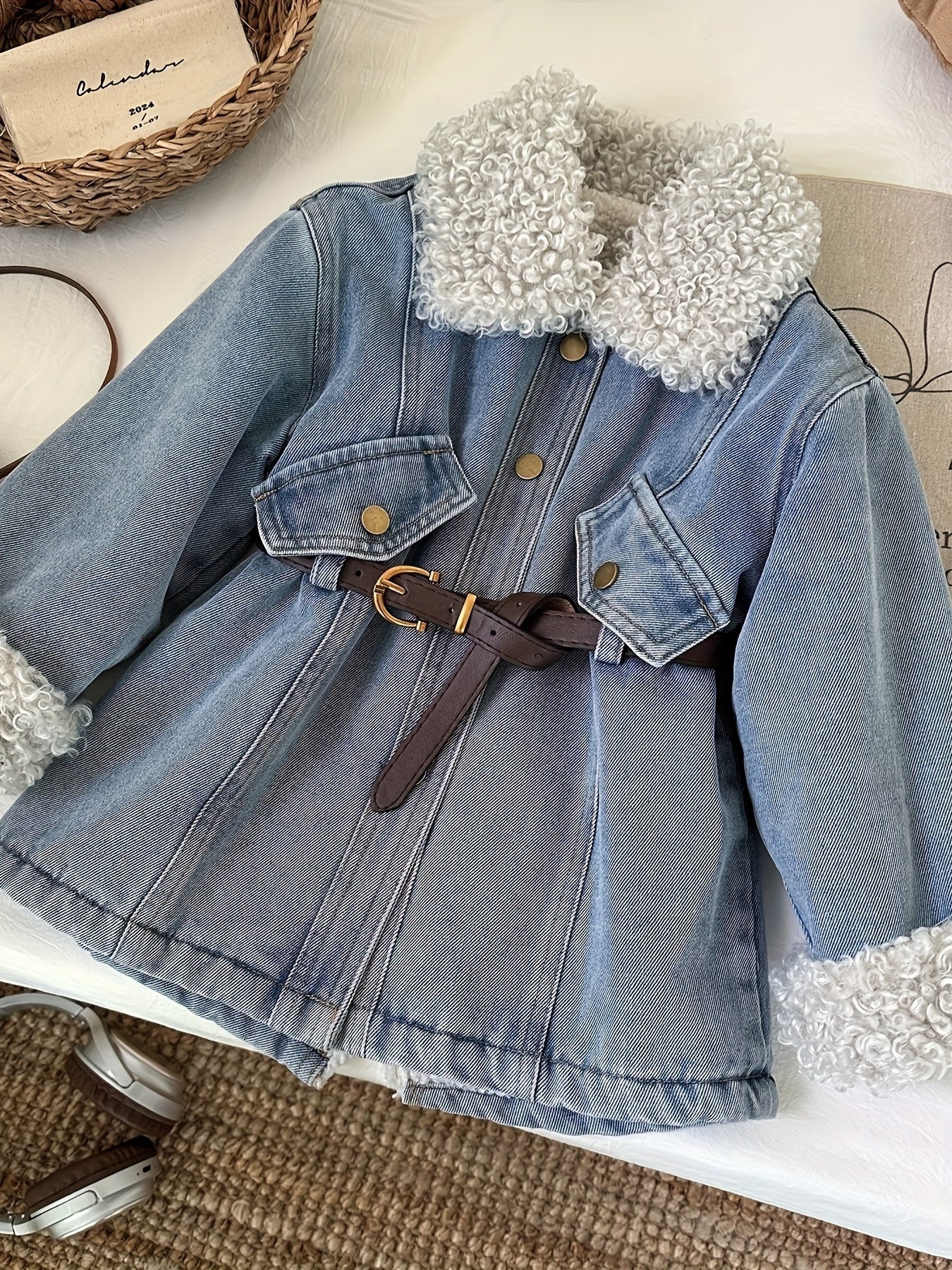 [Sanrio]Exclusive Design, Sanrio Family Print, Mid-long Length Fleece-lined Coat for Girls, Denim Fleece-lined Coat, The Latest Warm Coat for Autumn for and Winter. Comes with for a Belt. for a Gift for Your Daughter. for a M