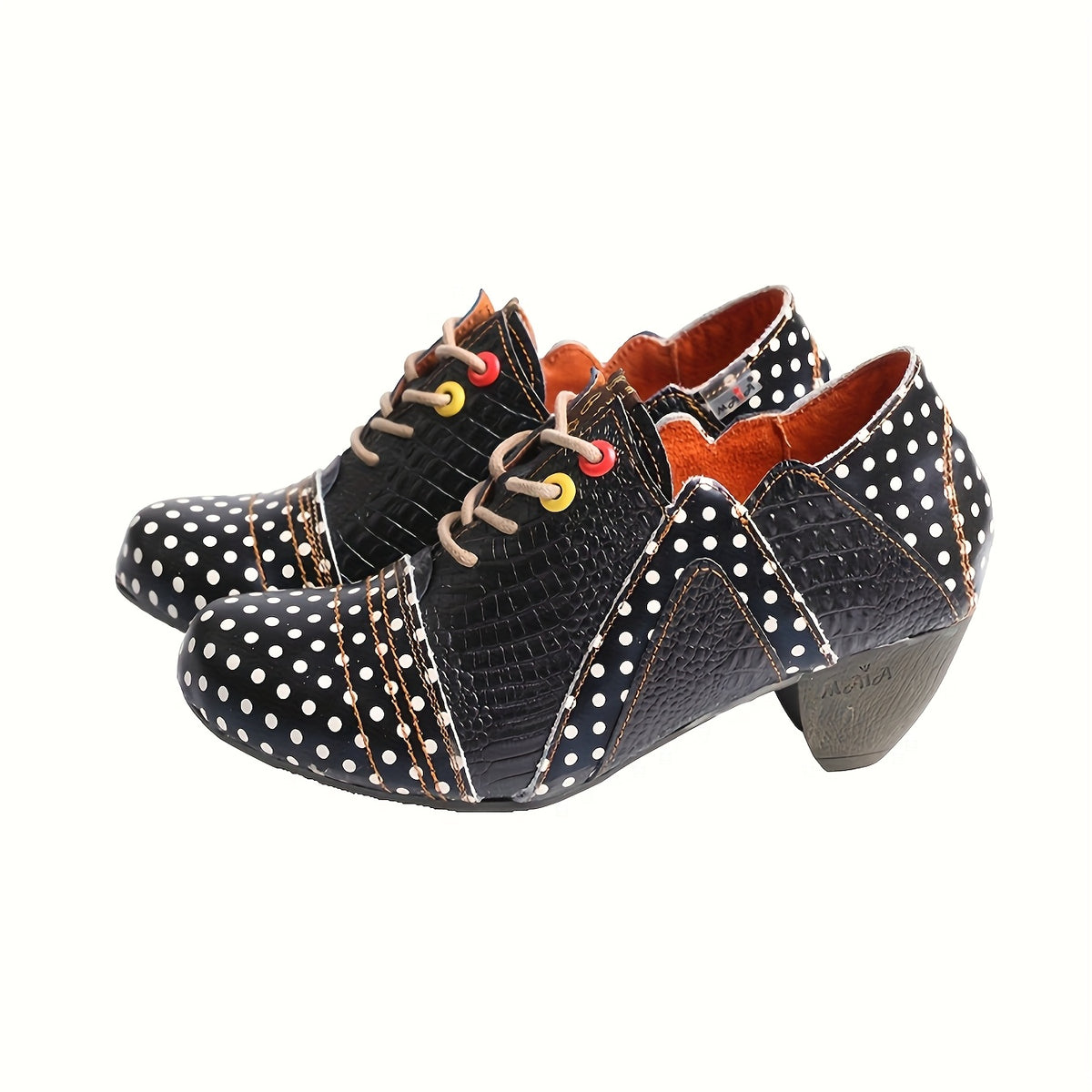 TMA EYES Women's Polka Dot Ankle Boots - Low Heel Lace-Up Anti-Slip Handmade Boots with Colorful Button Accents & Crocodile Texture, Second Layer Cover & TPR Sole, All-Season Versatile Casual to Dressy Footwear, Stylish Stree