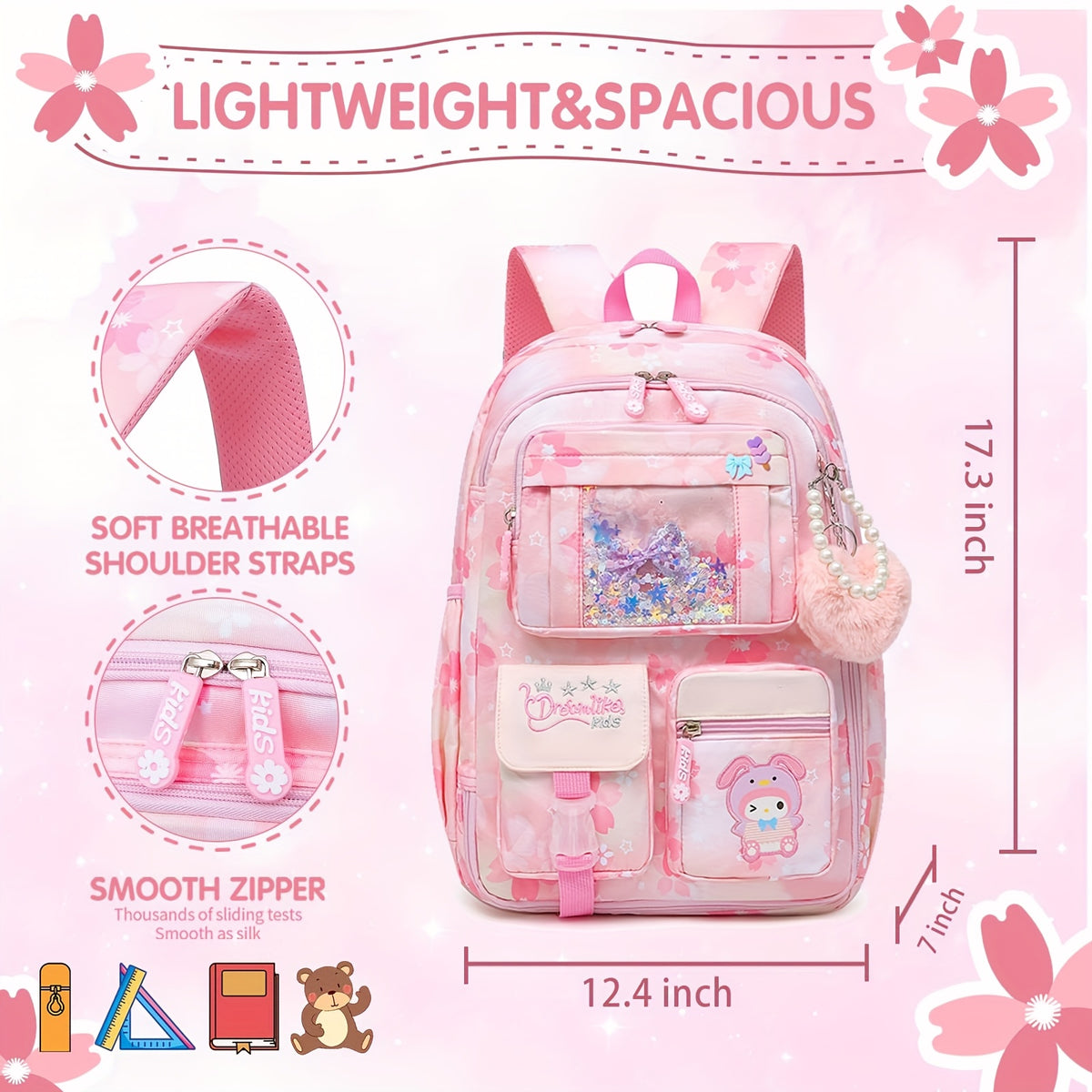 For My Melody Cartoon Shoulder Bag Quicksand Effect Cute Student Schoolbag Travel Backpack New Semester Gift Gift 1 Plush Pendant 2 Badges And Stationery Set Outdoor Camping Hiking Ultra-lightweight Equipment Travel Essential