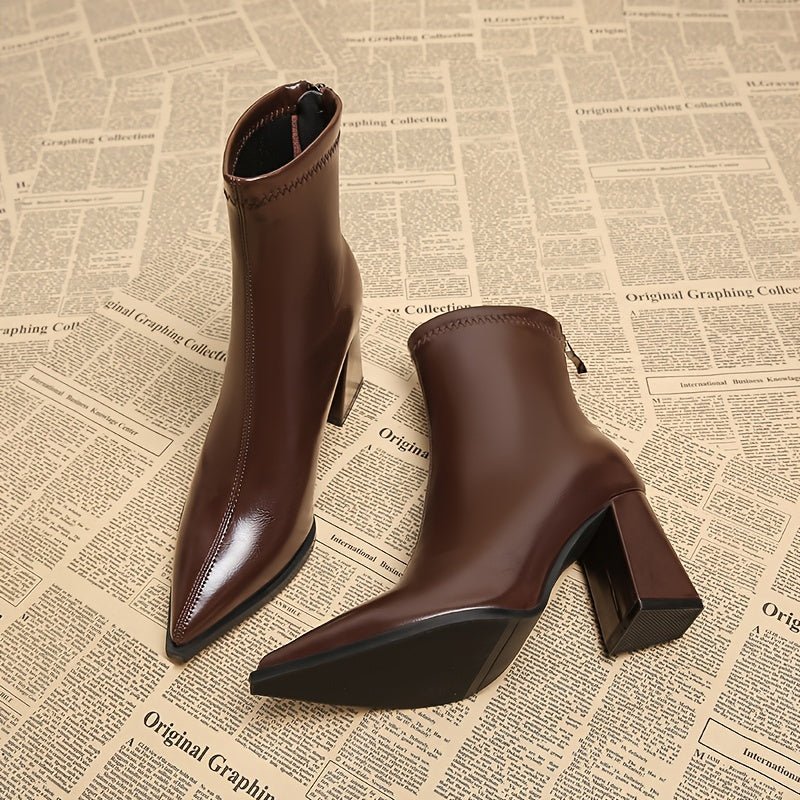 Women'S Elegant Chunky Heel Ankle Boots - Pointed Toe Zipper Closure, Glossy Synthetic Cover Round-to-Pointed Arch Support, Chunky Heel (1-2 Inches) for Fall/Winter, Versatile Dress Boots for Casual & Formal Outfits - Black &