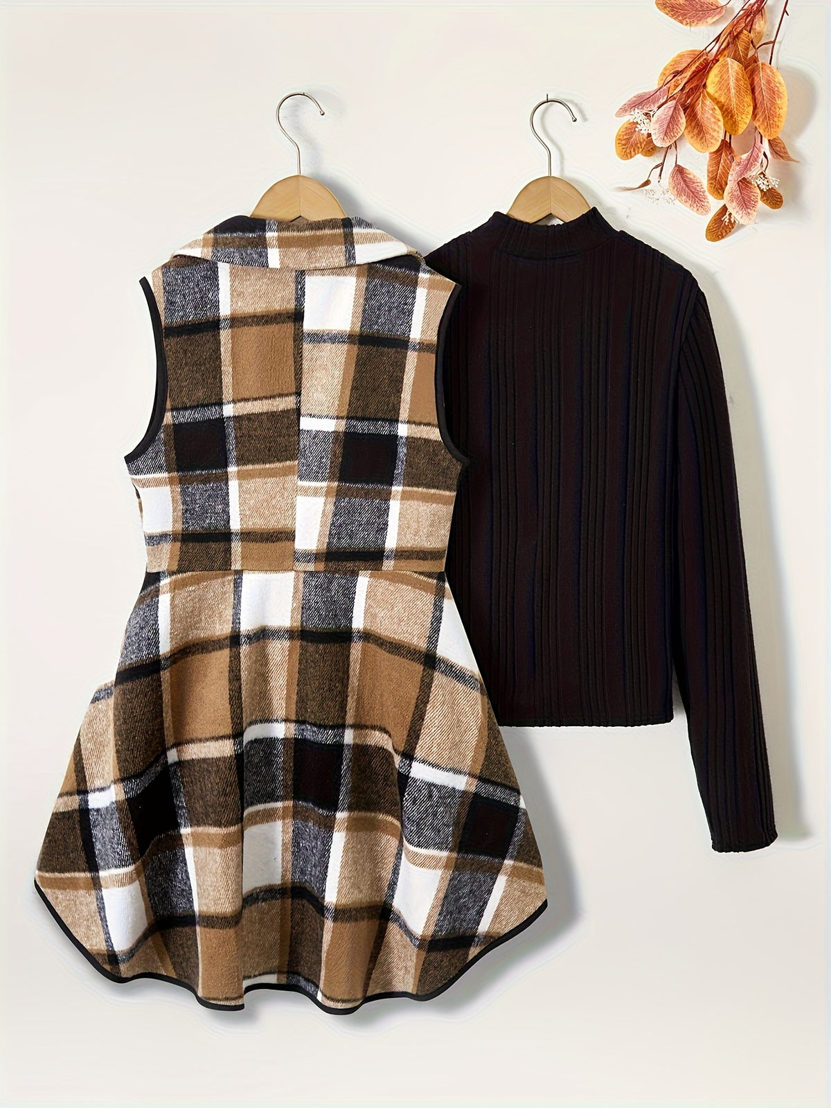 Teen Girl Tweed Vest Coat + Base Layer Shirt Casual 2pcs Set, Outerwear is a Windbreaker-Style Jacket and the Bottom Piece is an Under-Layer, Perfect for, for Teenager, Casual Attire, Winter Outfit, Tweed Jacket, Buttonup Coa