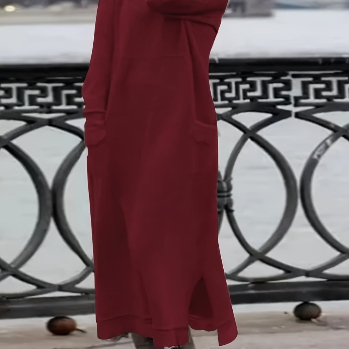 Plus Size, 2025 Autumn New Women's Loose Fit Plus-Size Lace Long Skirt with Velvet Hoodie - Casual Round Neck Long Sleeve Solid Color Dress, Pockets & Hand Wash/Dry Clean, Cozy Fall Winter Outfit