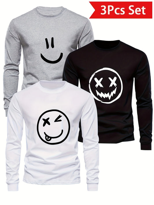 [3pcs Boys' Thermal Tees] 3pcs Boys' Thermal Long Sleeve T-Shirts - Smile Face & Jack-o'-Lantern Print, Soft Stretch Knit Round Neck Casual Tops for Teens, Fall Winter Layering Essentials, School & Outdoor Activities, Grey/Wh