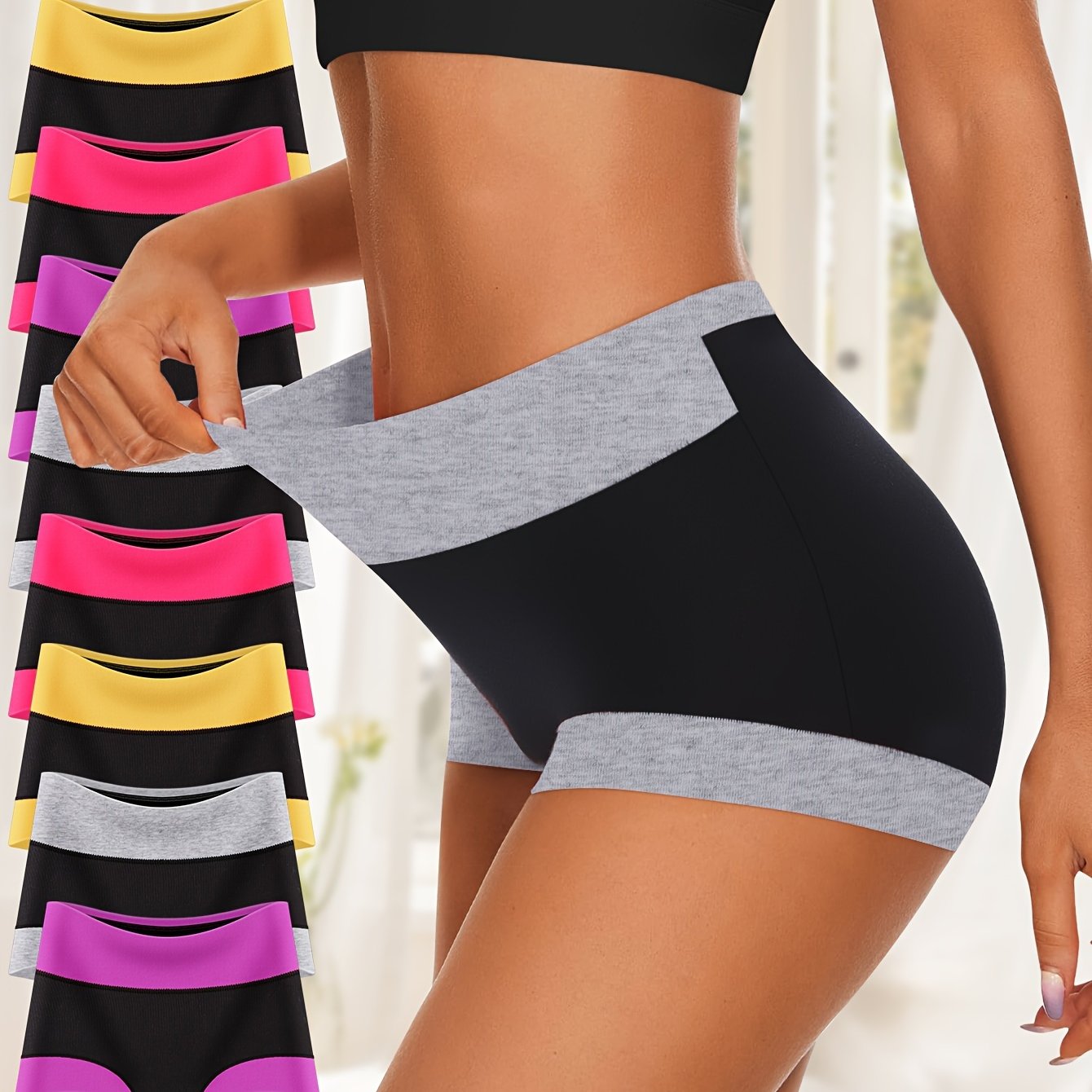 8-Pack Women's High-Waisted Boxer Briefs in 8 Vibrant Colors - Soft & Stretchy Blended Fabric Underwear with Tummy Control, Contrasting Edges, 95% Elastic Fiber, 180 Grams Per Square Meter Breathable Fabric for Everyday Comfo