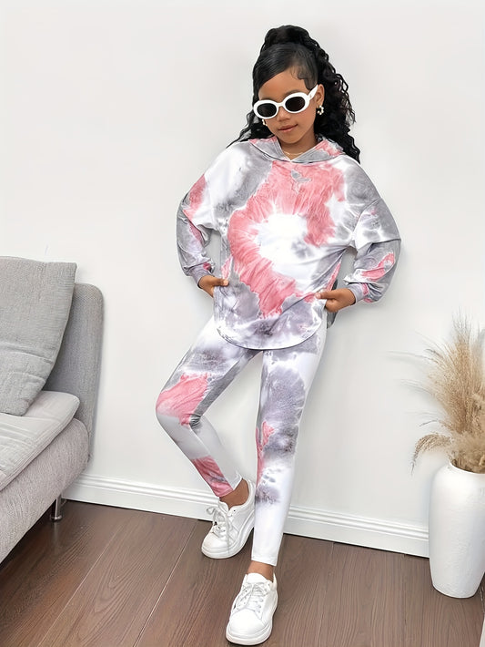 2pcs Girls' Oversized Hooded Sweater & Leggings Set - Pastel Pink & White Tie-Dye Asymmetrical Hem Winter Outfits, Cozy Fall/Winter Casual School Clothes, Oversized Sweater with Drop Shoulder Design & Matching Leggings, Machi
