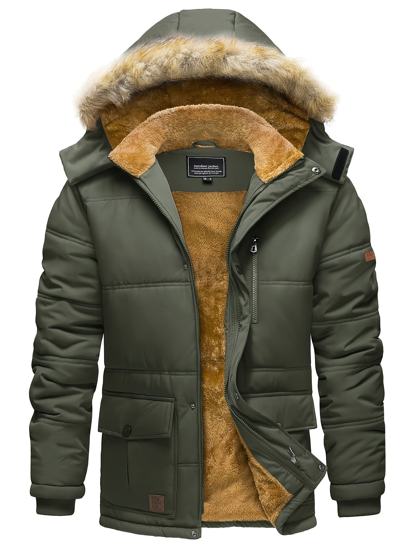Men's Heavy-Duty Winter Jacket with Detachable Hood - High Quality Windproof Thermal Parka Coat, Fleece & Full-Zip Closure, Multi-Pocket for Skiing, Hiking, Camping, - Beige/ (No-Fill Cold Weather Outer, Mens Winter Jackets A