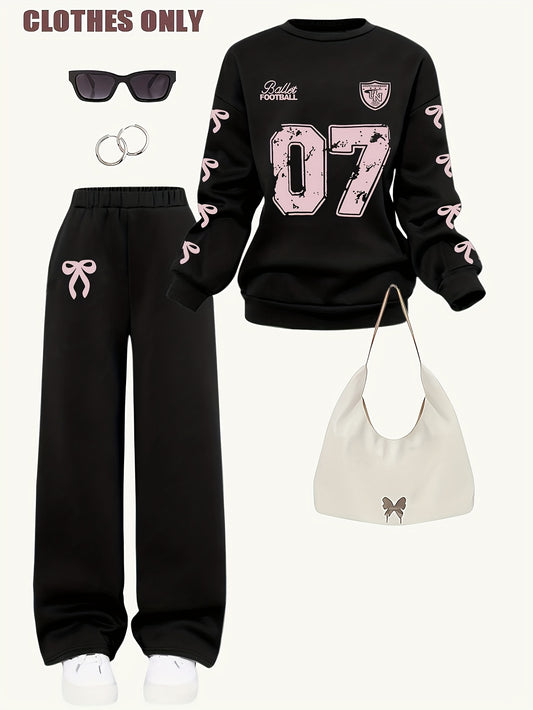 Highly Rated Girls' Fashion Warm Pants Set: Round Neck Digital Bow Thick Sweatshirt + Straight Leg Wide Leg Bow Thick Pants, Youthful and Vibrant Sports Outdoor Autumn/Winter School Uniform, Teen Girl Clothes for School, Unif