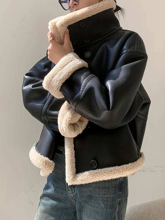 Women'S Cozy Faux Shearling Aviator Jacket | Moto Biker PU Fleece Lined Crop Outerwear Y2K for Casual Daily Streetwear Outdoor Fall Winter