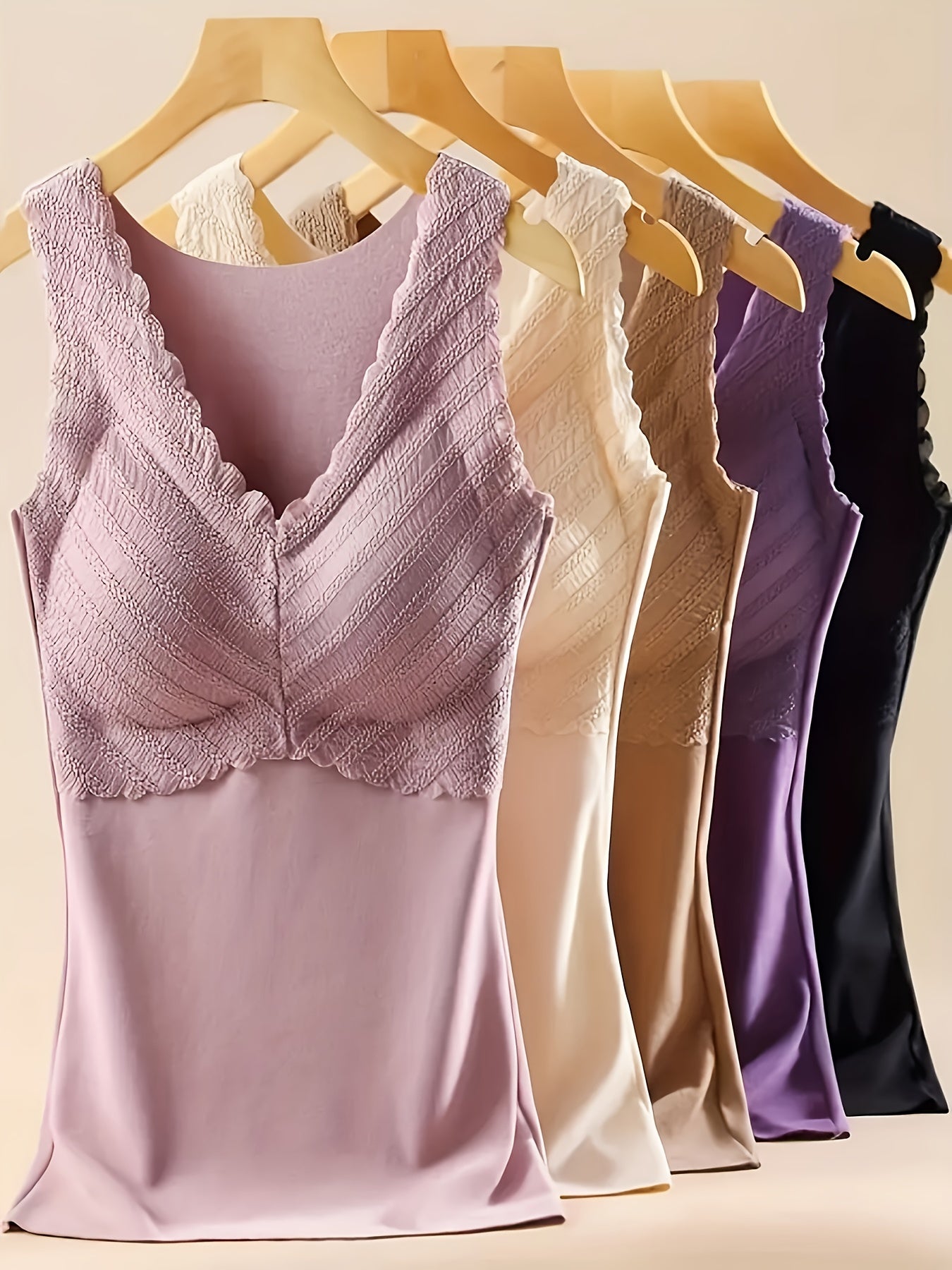 5pcs Women'S Autumn And Winter Thermal Underwear Set - Seamless Thermal Top With Lace Trim, Built-in Bra, Sleeveless Design, And Super Soft Stretch Base Layer For Cold Weather And Everyday Wear