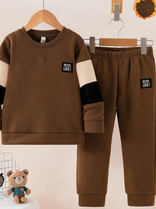 Autumn Winter New Thickened Round Neck Sweatshirt Long Sleeve 3-Color Patchwork Cross Print Letter Patch Warm Comfortable Casual Versatile Sports Pants 2pcs Set, DONABEBE, for Outdoor