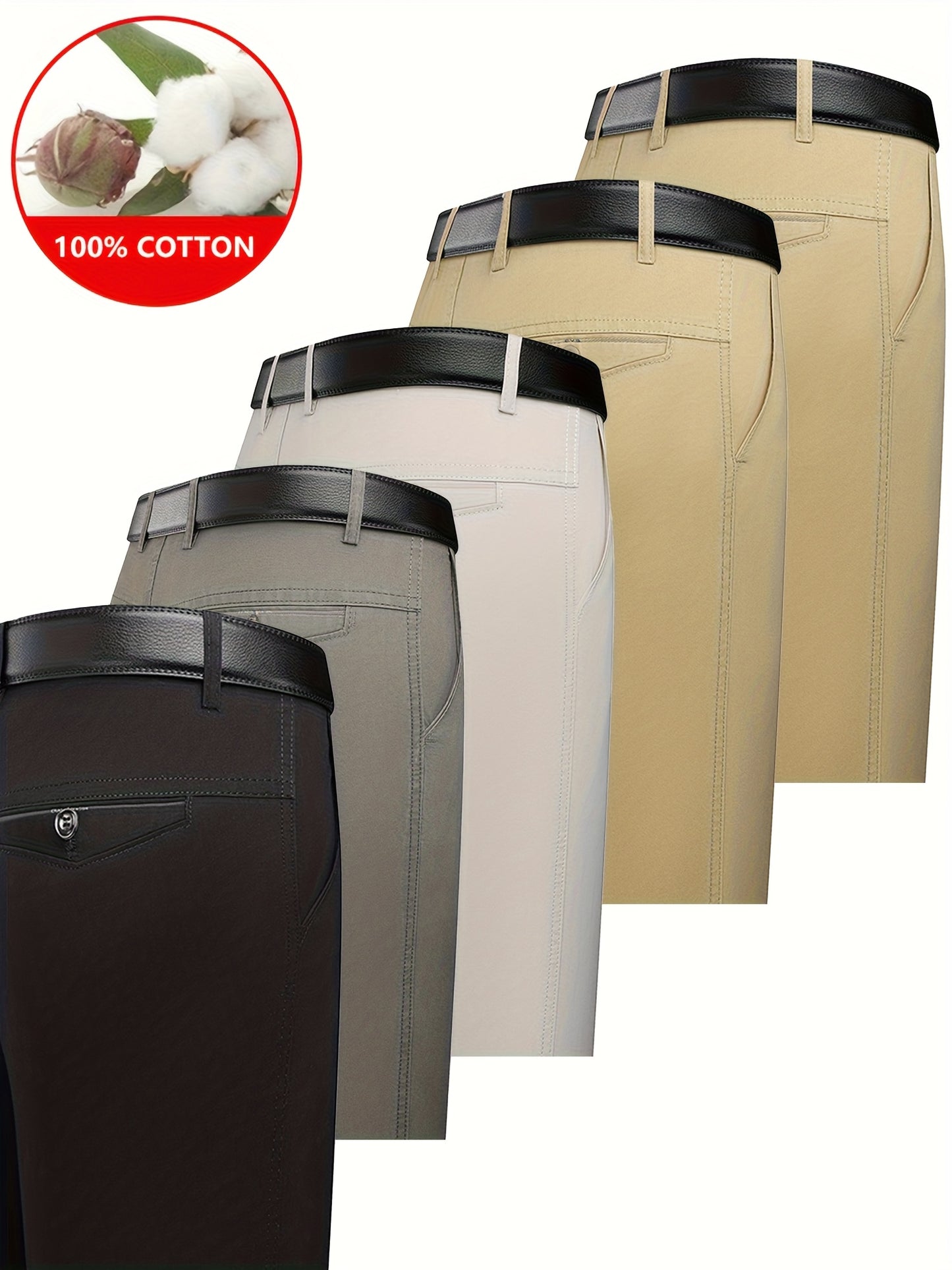 5pcs 100% Cotton Business Casual Pants - High-Waisted Breathable Trousers with Belly, Straight-Leg Cut & Button Closure, Soft Comfortable Pants Suitable for Workplace Commuting & Daily Wear, Spring/Autumn Wardrobe Essential