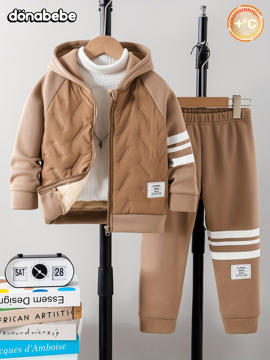 ' Autumn/Winter New Thickened Fleece-Lined Hooded Jacket and Casual Striped Print Pants Set, Classic Fashionable Versatile Top with Side Stripe Design, for Outdoor, Everyday Comfortable Long Pants, Perfect For