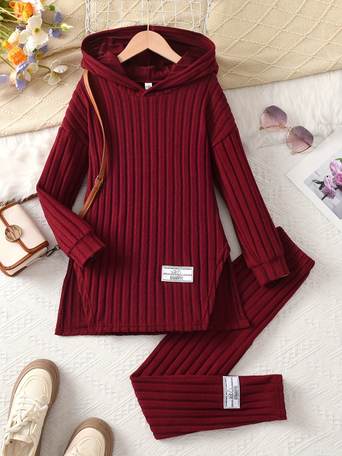 Girls' 2pcs Set, Long Brushed Solid Color Patch Hoodie Pullover and Elastic Waist Leggings, Girls' Autumn Winter Casual Set, Perfect for Outdoor