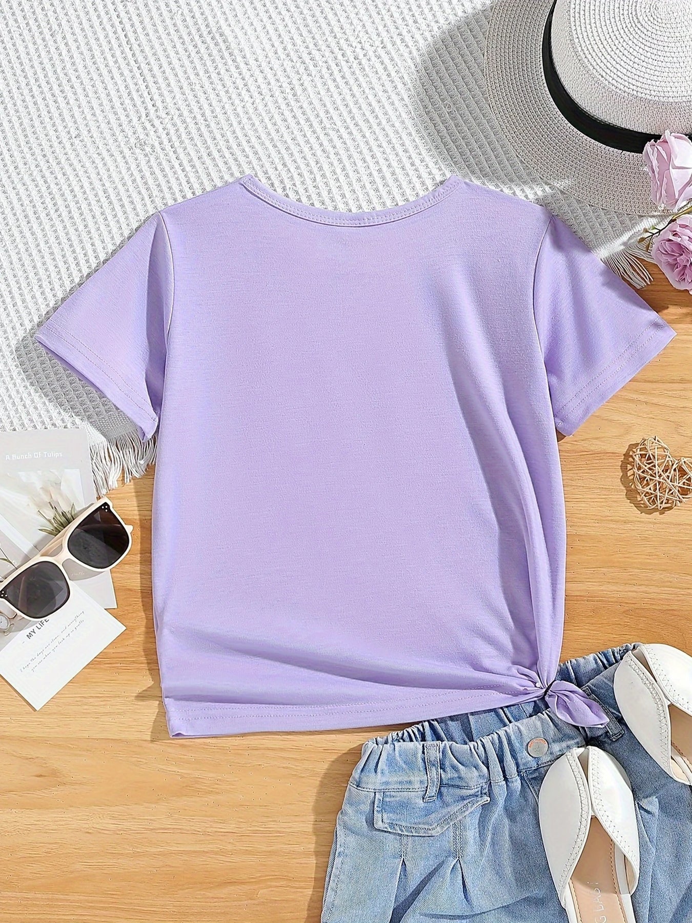 [Girls' Butterfly T-Shirt Set] 5pcs Set of Girls' New Fashionable Round Neck Short Sleeved T-shirt with Interesting Butterfly Pattern Print, Comfortable Polyester Fiber Casual Summer Top