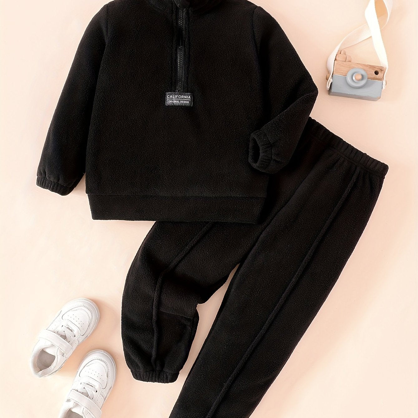 Boys' Autumn/Winter Gray Solid Color -Lined Warm Zip-Up Top & Pants Two-Piece Set, Perfect for Outdoor