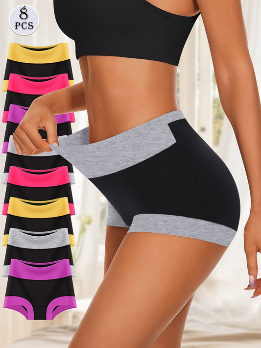 8-Pack Women's High-Waisted Boxer Briefs in 8 Vibrant Colors - Soft & Stretchy Blended Fabric Underwear with Tummy Control, Contrasting Edges, 95% Elastic Fiber, 180 Grams Per Square Meter Breathable Fabric for Everyday Comfo