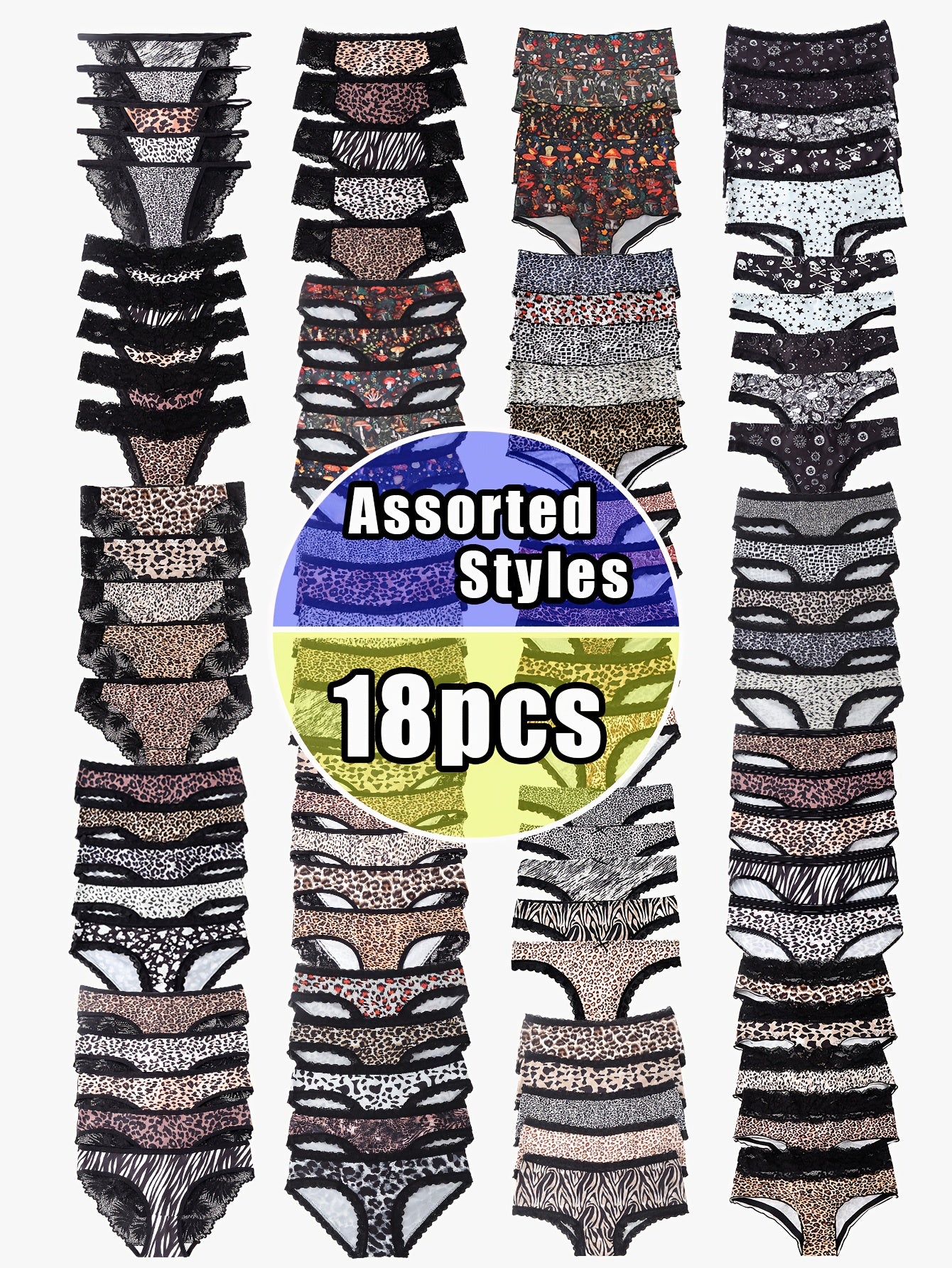 18pk Mixed Random Women's Panties | Triangle T-shaped Low Waist | Seamless Breathable | Leopard Print/star Moon/forest/lace