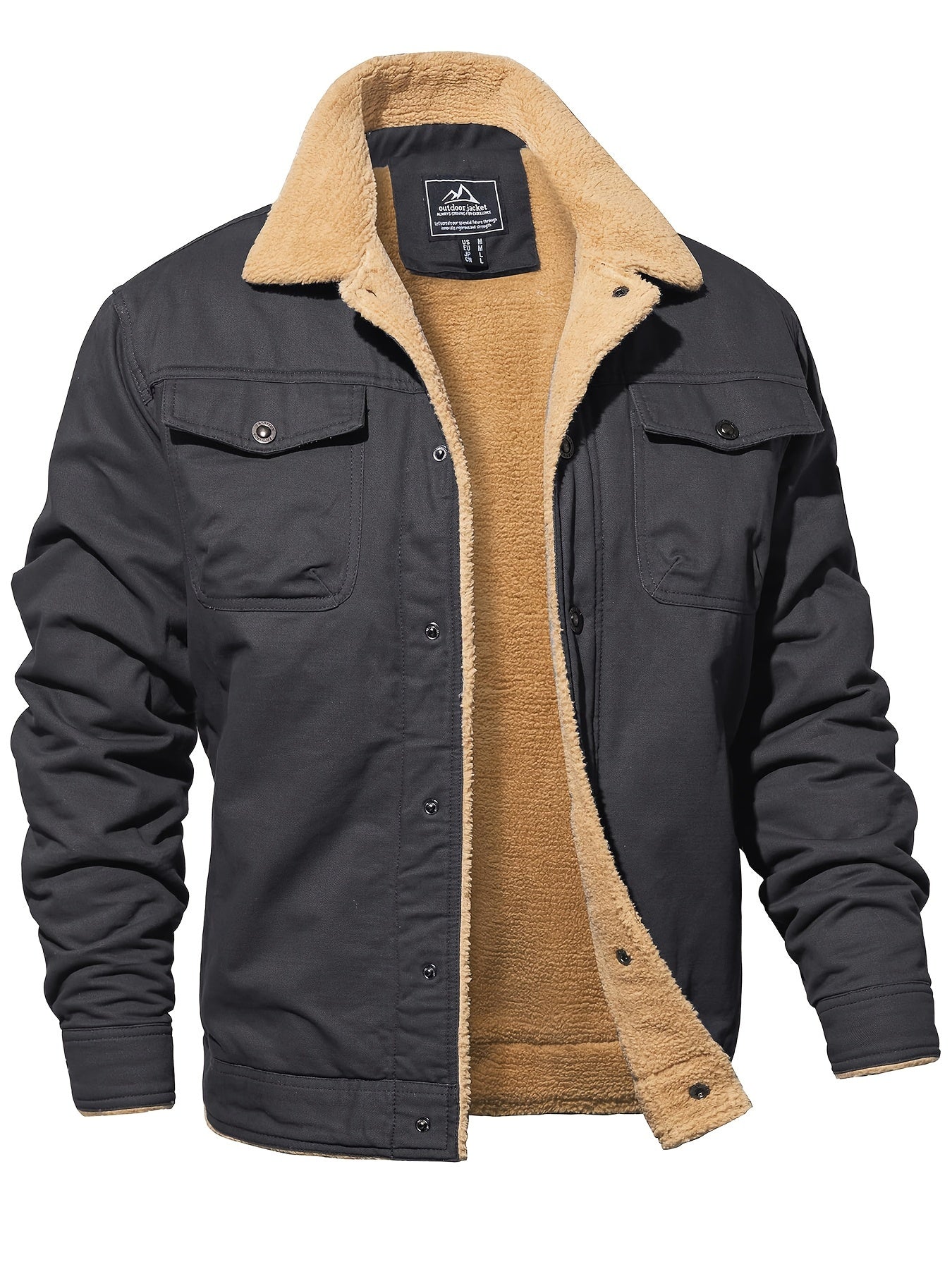 Men's Winter Jacket, Casual Grain Feel Fleece Washed Fabric Thick Soft Cozy Warm, Twill Texture Multifunctional Pocket Open Placket Metal Buckle, Trucker Style, Outdoor Running Hiking Climbing Camping Traveling Fishing Daily