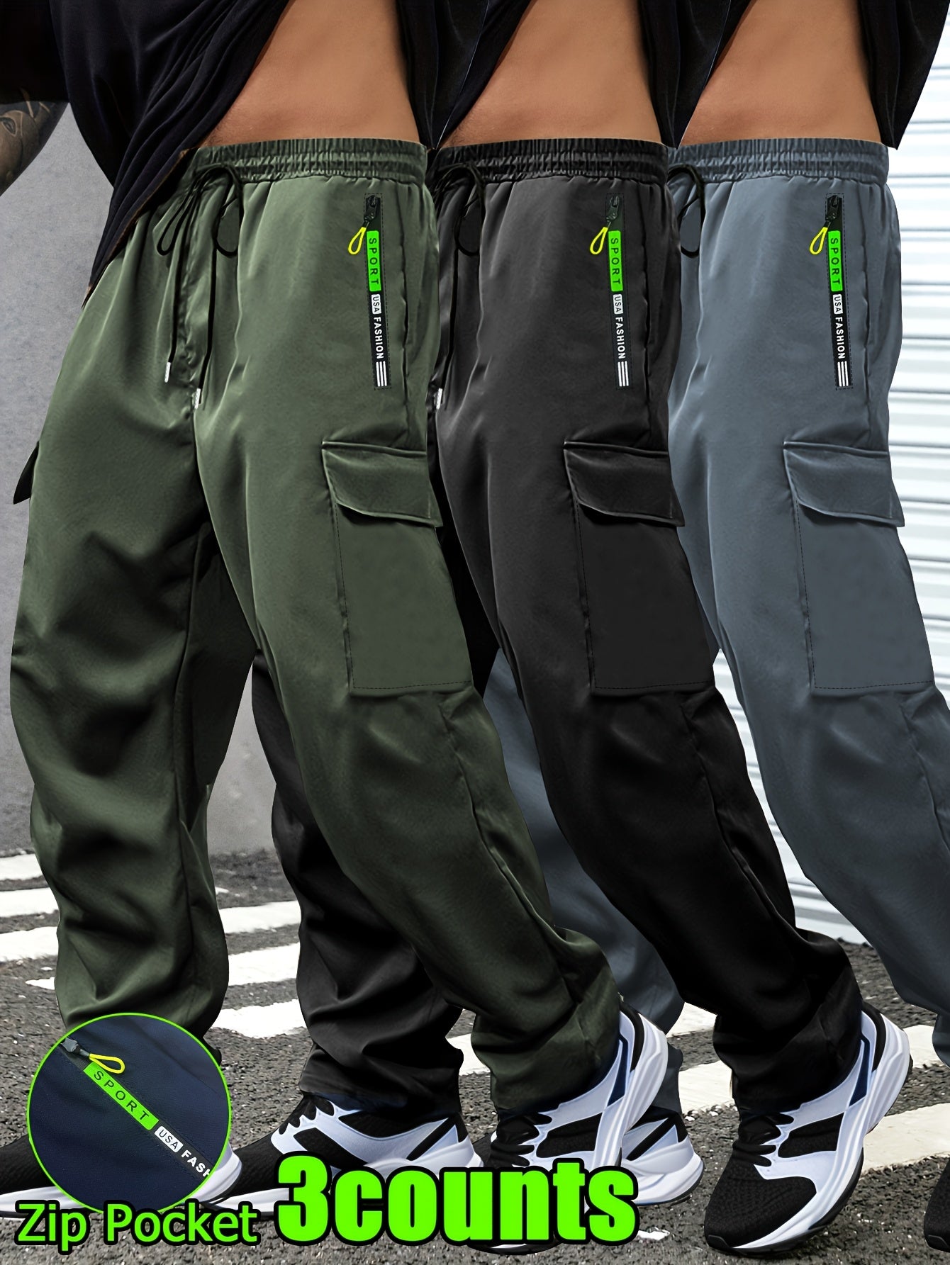 3-Pack of Men'S Thin Work Pants with Drawstring Elastic Waistband, Zipper Pockets, Large Patch Pockets, Comfortable And Breathable, Suitable for Outdoor Daily Leisure