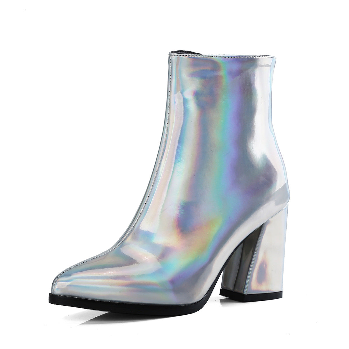 Women'S Genuine Leather Winter Boots with Side Zipper Closure - Pointed Toe Chunky Heel Ankle Boots, European & American Style Glossy Short Boots with Thick Heel & Arch Support, Durable Rubber Sole for Casual & Formal Outfits