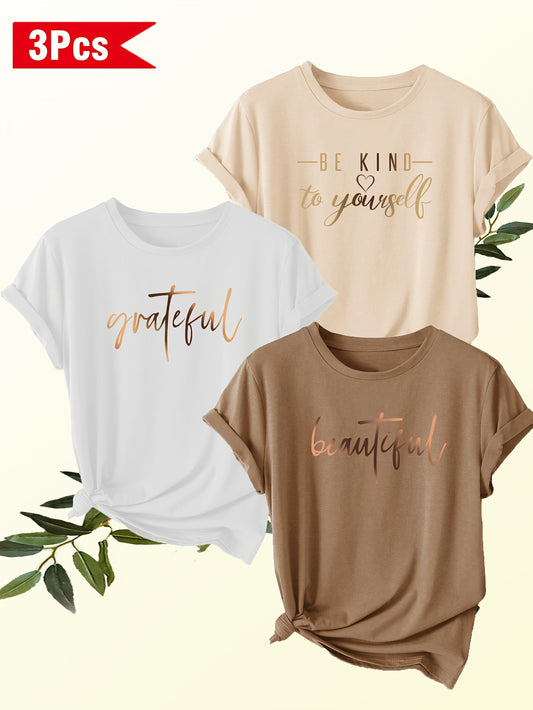 3pcs Women's Soft Casual Round Neck Short Sleeve Blouses • with Letter - Alphabet, -Line Tops • Suitable for All Seasons • Machine Washable • Casual Attire & Layering Pieces