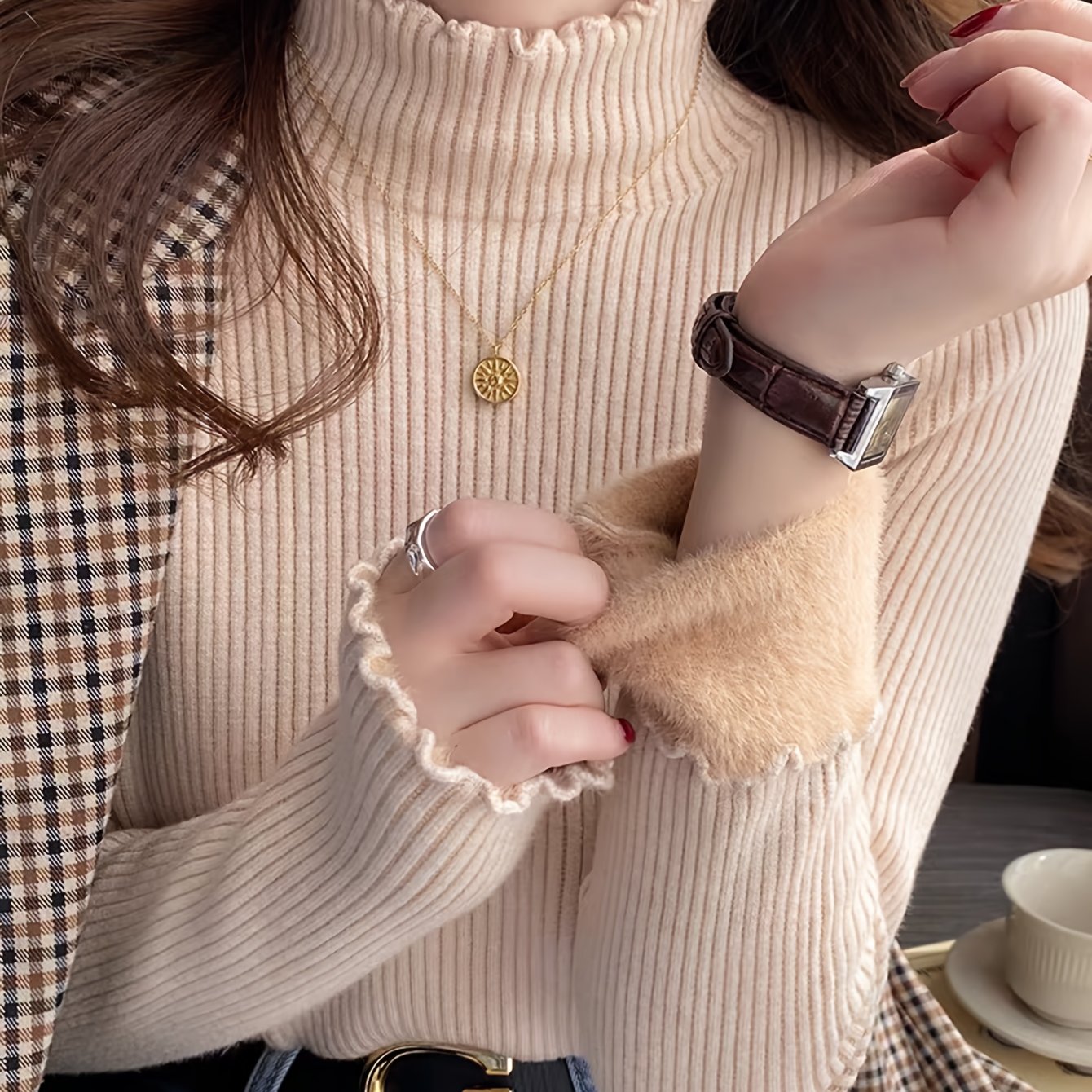 Solid Color Autumn Winter Early Spring Half High Neck Ruffle Fleece Lined Knit Sweater