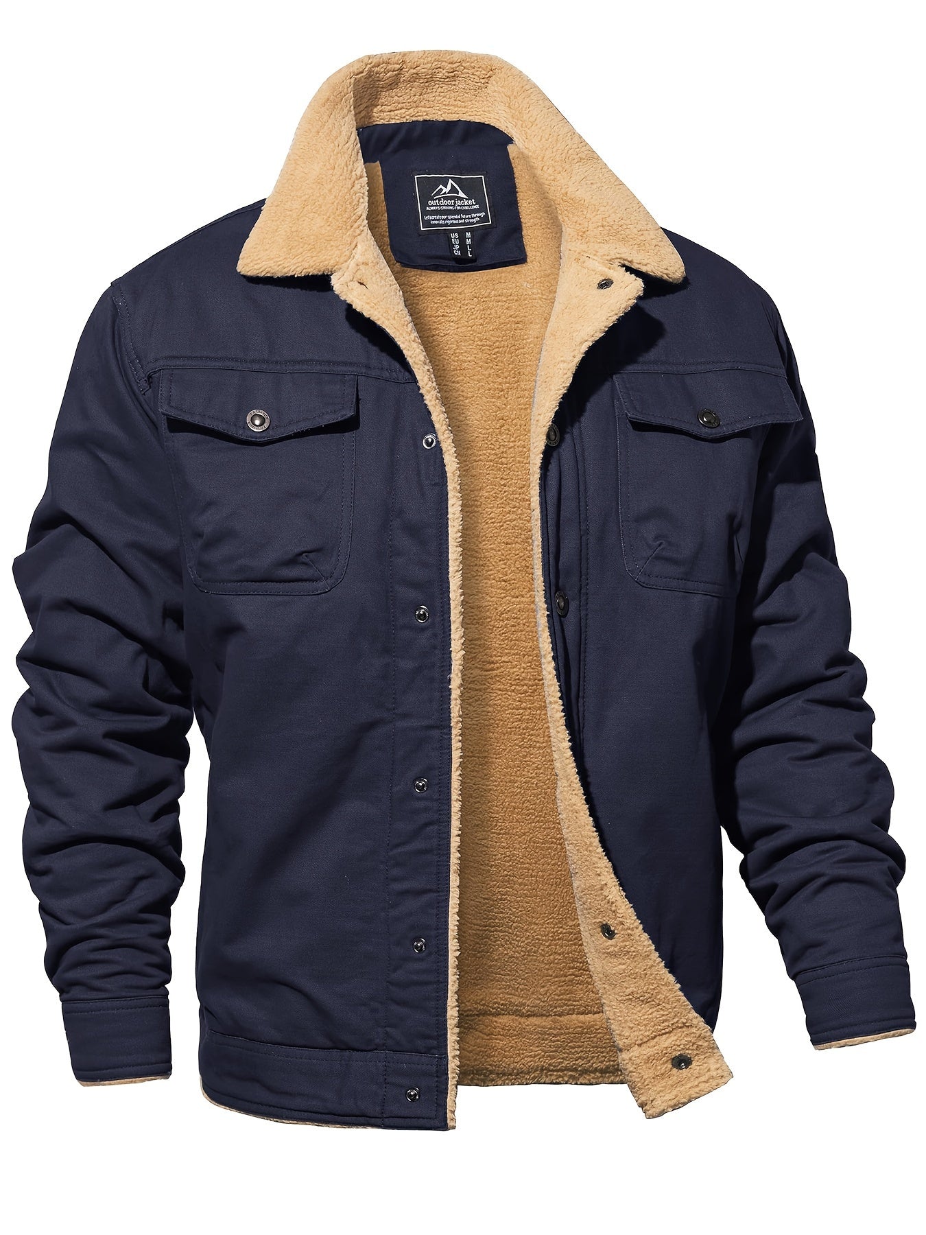 Men's Winter Jacket, Casual Grain Feel Fleece Washed Fabric Thick Soft Cozy Warm, Twill Texture Multifunctional Pocket Open Placket Metal Buckle, Trucker Style, Outdoor Running Hiking Climbing Camping Traveling Fishing Daily