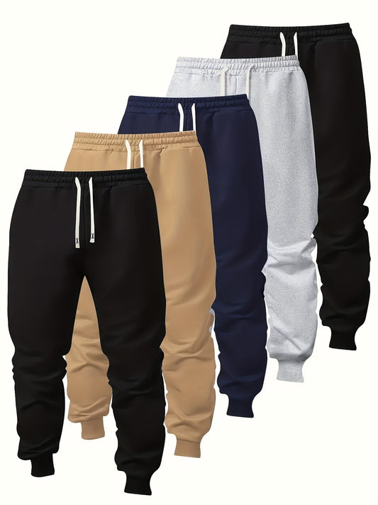 5pcs Men's Loose-Fit Elastic Waist Pants & Sweatpants with Mid-Rise, Corduroy Pocket (No Dry Clean) - Solid Color, Gym, Outdoor & Casual Wear - All-Season Comfortable Trousers - Hand Washable (5pcs Bundle) for sports & Leisur