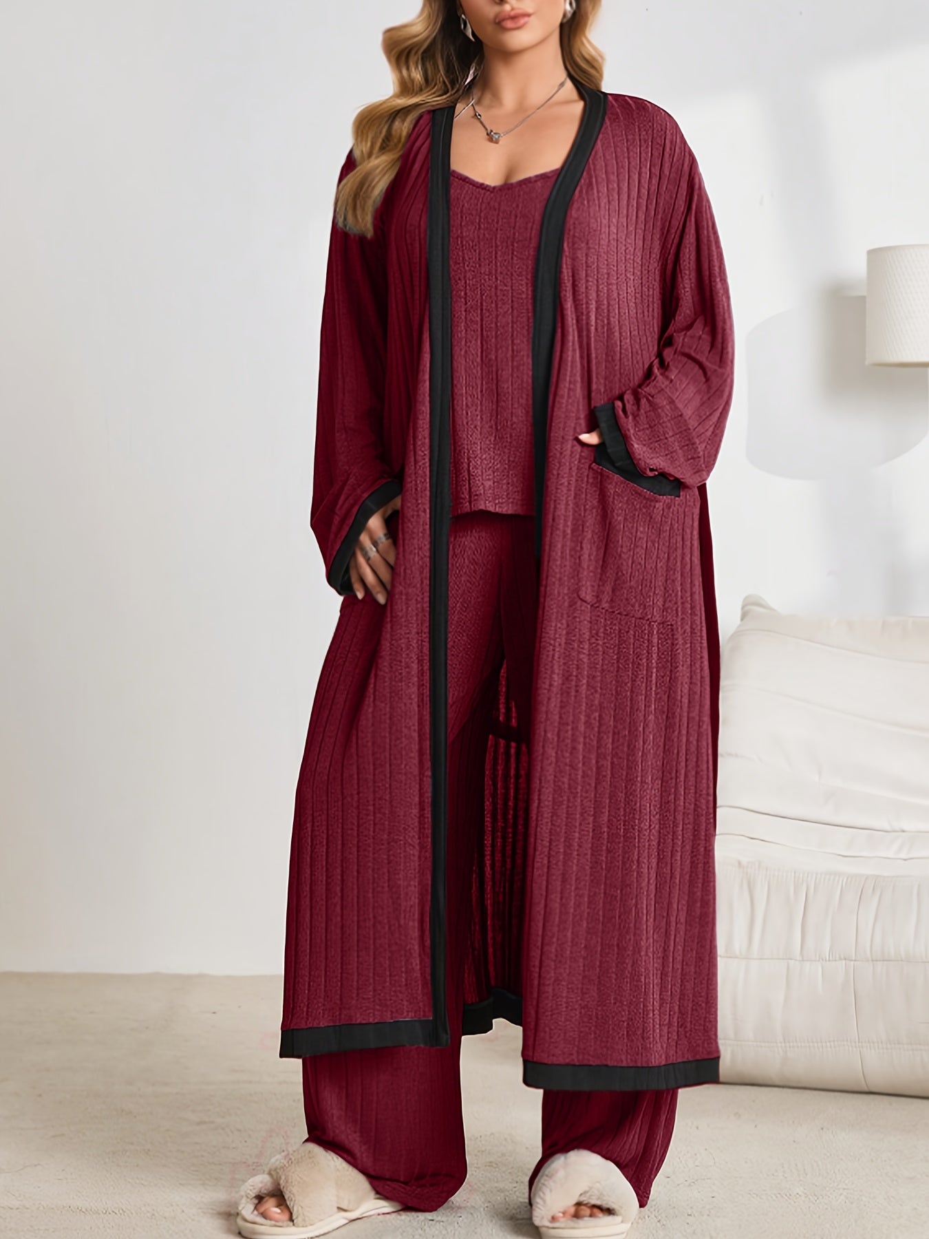 [Three-Piece Loungewear Set] New Autumn And Winter Fashion Warm Solid Color Ribbed Loungewear Set With Sleeveless V-Neck Tank Top + Straight Elastic Waistband Long Pants + Long Sleeve Color-Blocked Cardigan With Side Pockets