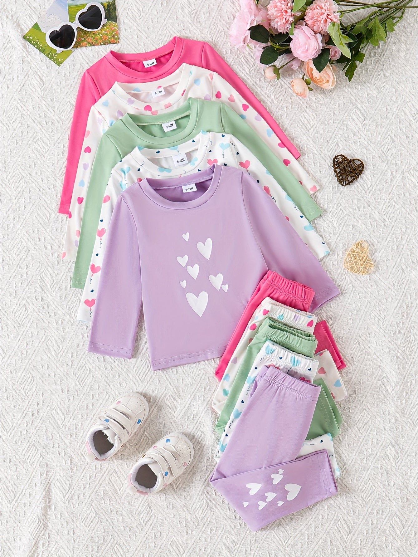 10pcs Baby Girls' Casual Long Sleeve & Pants Set - Cute & Heart Print, Soft Stretchy Fabric, Loose Fit, Spring/Fall Outdoor Playwear, Perfect for Daily Wear, for Outdoor